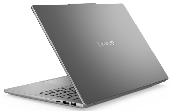 Notebook Lenovo IdeaPad Slim 5 14AKP10 šedý Hliníkové víko šedého notebooku Lenovo s logem a konektory na pravé straně