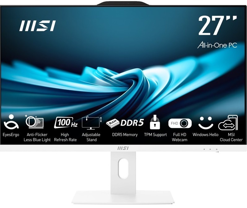 Bílý all-in-one počítač MSI Pro AP272P s 27" displejem a nastavitelným stojanem
