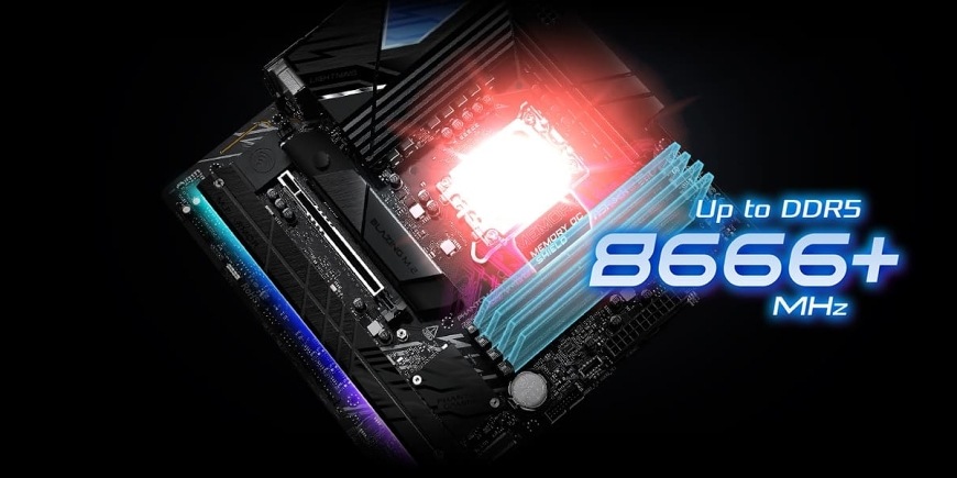 Základní deska ASRock B860M Lightning WiFi Detail DDR5 slotů na desce ASRock B860M Lightning WiFi podporujících frekvence až 8666+ MHz