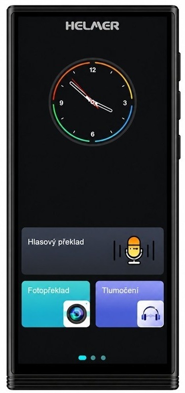 Kapesní AI hlasový překladač Helmer OTR 213 v černé barvě s dotykovým displejem a ikonami funkcí