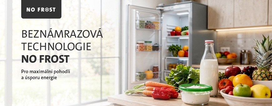 Otevřená nerezová lednice ETA plná čerstvých potravin v moderní kuchyni s čerstvou zeleninou a ovocem na lince. Text: Beznámrazová technologie NO FROST – Pro maximální pohodlí a úsporu energie
