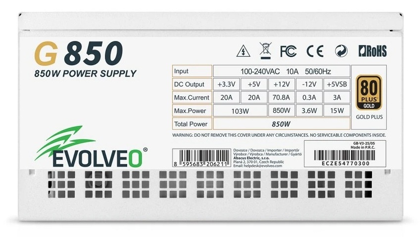 Zdroj Evolveo G850 White 850W 80+ Gold, ATX 3.1 bílý Evolveo G850 80+ Gold podporuje standard ATX 3.1