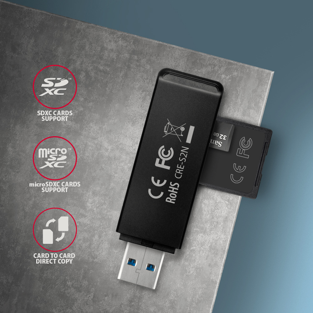 Axagon Card Reader USB-A 3.2 Gen 1 má dva sloty – SD a microSD