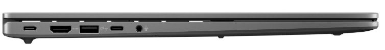 Boční panel notebooku s konektory USB-C, USB-A, HDMI a 3,5mm audio jackem