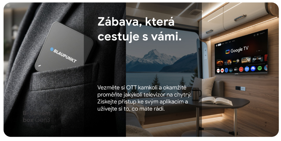 Blaupunkt B-Stream Box Gen3 uložený v kapse a připojený k televizoru v obytném voze