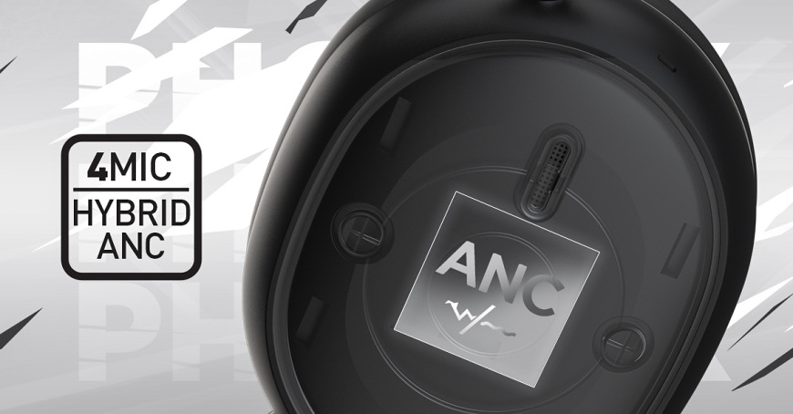 Vizualizace mikrofonů hybridního ANC uvnitř mušle headsetu HATOR Phoenix 2 Wireless