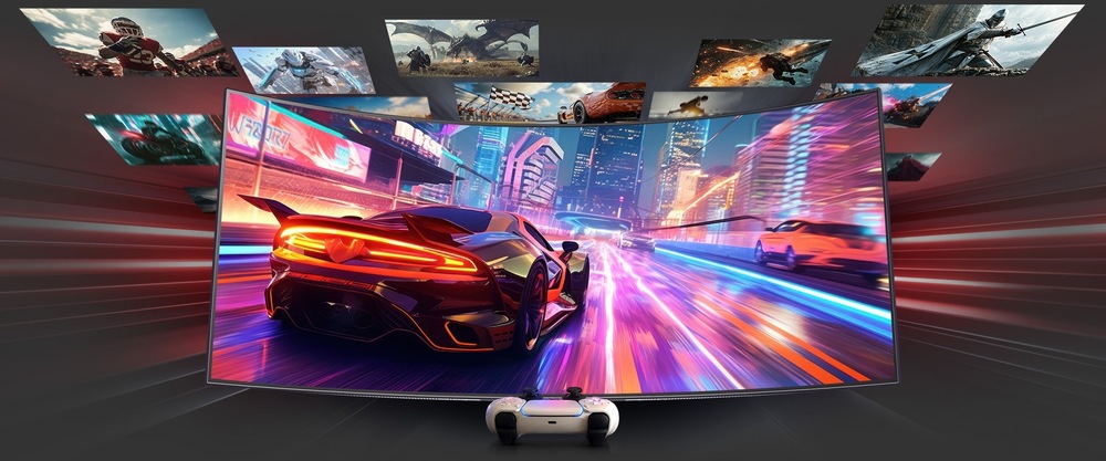 Herní monitor LG UltraGear 34GX90SA-W černý/bílý Živý záběr závodní videohry zobrazené na zakřivené obrazovce zobrazuje sportovní vůz v neonově osvětleném městě. Herní ovladač vpředu; nad ním se vznášejí akční herní scény.