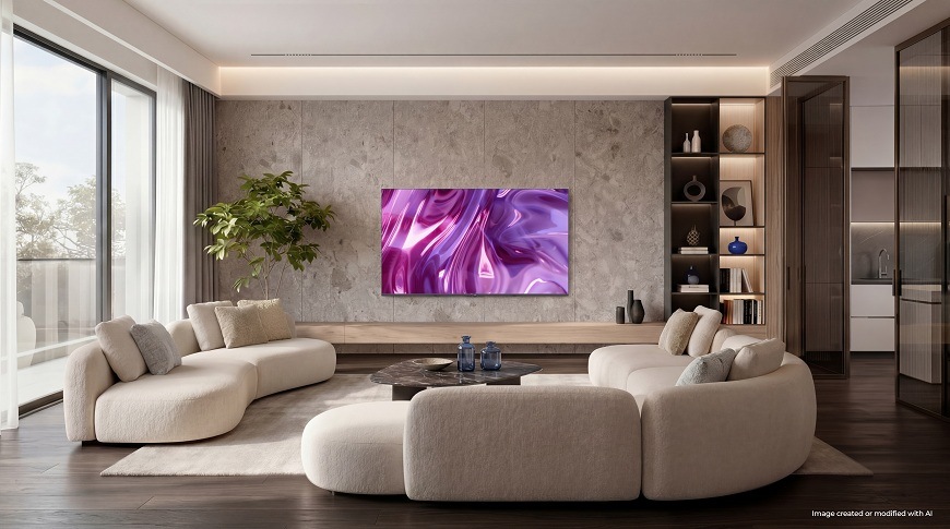 Televize Haier H75S80GUX zapnutá televize Haier H75S80GUX na stěně v místnosti