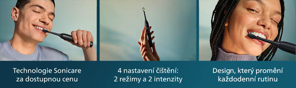 Na prvním obrázku si čistí muž zuby, na druhém obrázku je kartáček v dlaních a na třetím je žena čistící si zuby kartáčkem