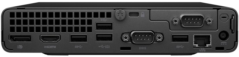 PC mini HP Pro Mini 260 G9 černý Zadní panel mini stolního počítače HP Pro Mini 260 G9 obsahuje DisplayPort, HDMI, několik USB portů a LAN vstup