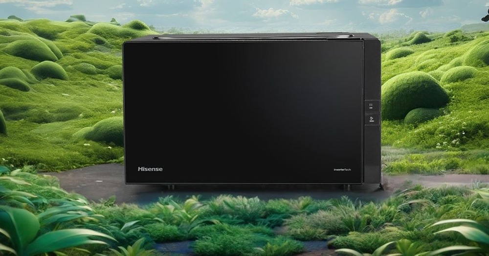 Mikrovlnná trouba Hisense H25MOBS4HGI Invertor černá Mikrovlnná trouba Hisense H25MOBS4HGI na travnaté zelene louce. Demonstrace ECO režimu