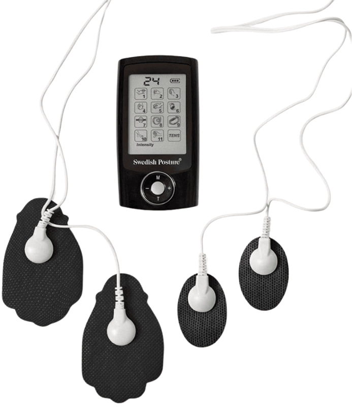Černá řídicí jednotka Swedish Posture SP-241006 s displejem a připojenými elektrodami.