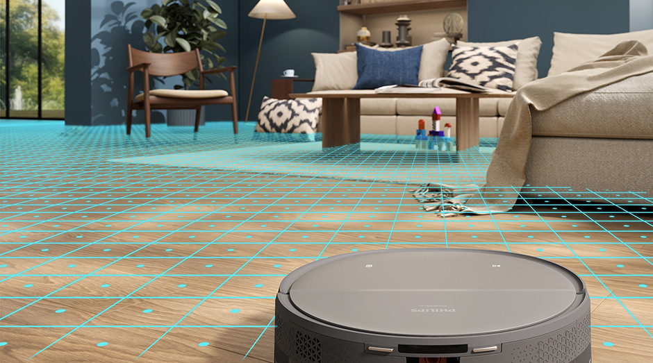 Robotický vysavač se stanicí Philips XU9100/10 skenuje laserem obývací pokoj