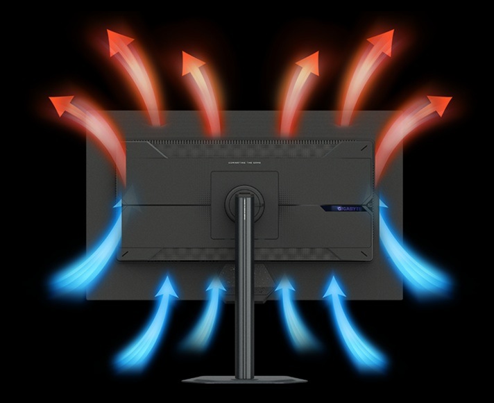 Herní monitor GIGABYTE M27Q3 černý Detail obrázku s ilustrací 4stranného chlazení.