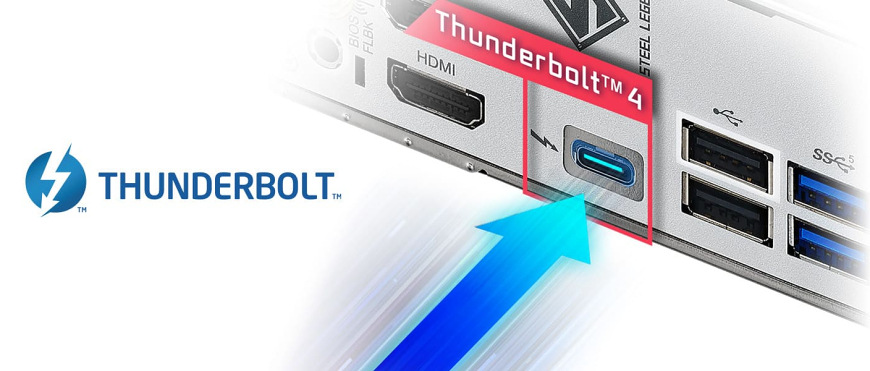 Detail portu Thunderbolt 4 na zadním panelu desky ASRock B860 Steel Legend WiFi pro vysokorychlostní přenosy