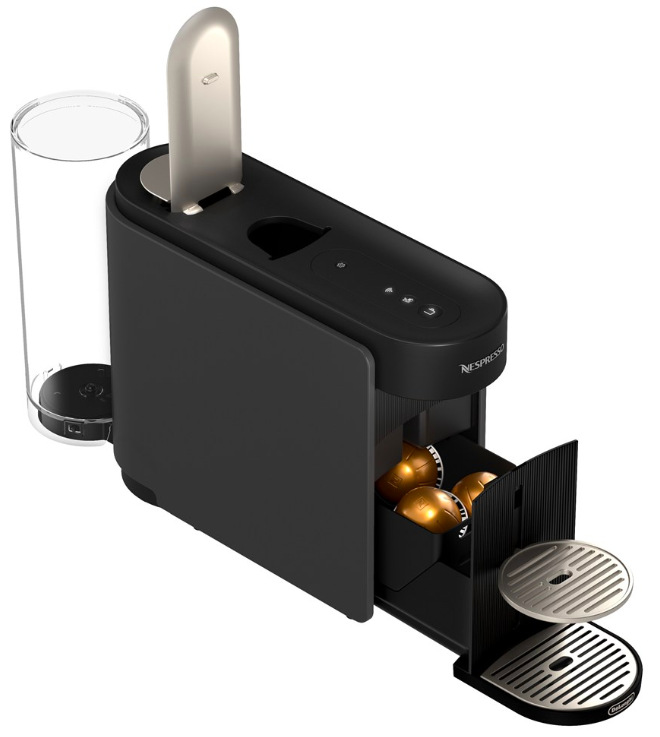 Detail otevřeného kapslového prostoru kávovaru DeLonghi Nespresso Vertuo Up ENV200.GY s uloženými kapslemi
