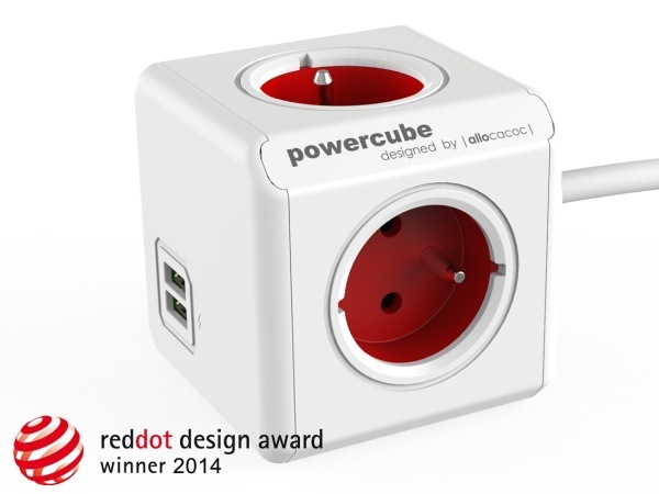 Kabel prodlužovací Powercube Extended USB, 4x zásuvka, 2x USB, 1,5m bílý/červený