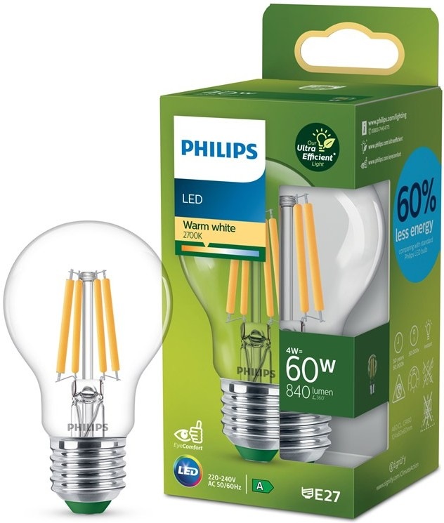 Žárovka LED Philips 60W, filament, A60, E27, teplá bílá
