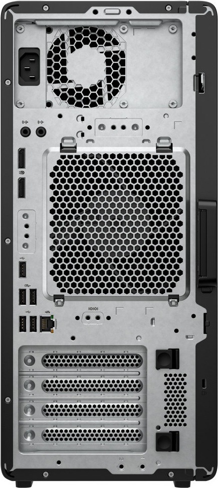 Stolní počítač HP Z2 Tower G1i černý Na obrázku je zadní strana stolního počítače HP Z2 Tower G1i. V horní části vlevo je napájecí konektor a menší větrací mřížka, uprostřed velká šestiúhelníková mřížka hlavního chlazení. Vlevo pod ní jsou dva obrazové výstupy, audio konektory, několik USB portů a síťový port LAN. Ve spodní části jsou čtyři záslepky pro rozšiřující karty a vpravo další perforace a dva černé prvky pro zajištění nebo otevření skříně. Celý zadní panel působí technicky, přehledně a ukazuje široké možnosti připojení.
