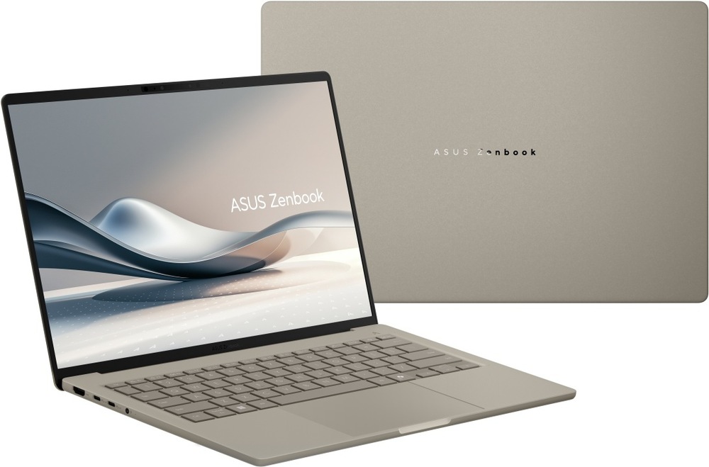 Notebook ASUS Zenbook A14 s otevřeným displejem při pohledu zepředu + zadní strana laptopu
