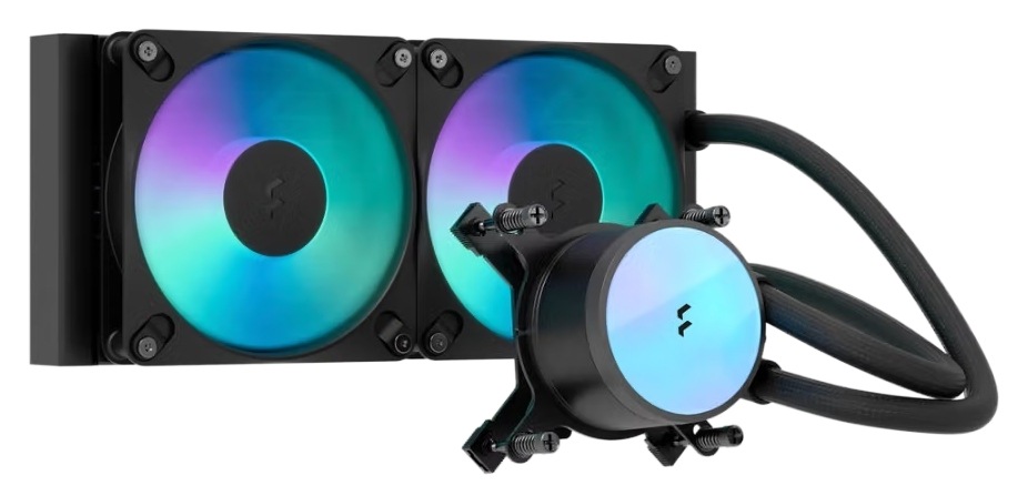 Vodní chladič FRACTAL DESIGN Radius 240 RGB Black černý odní chladič FRACTAL DESIGN Radius 240 RGB s 240mm radiátorem, dvěma RGB ventilátory a blokem pumpy