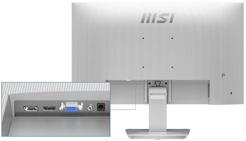 Zadní strana monitoru MSI PRO MP273W E14A s detailem konektorů DisplayPort, HDMI, VGA a sluchátkového výstupu