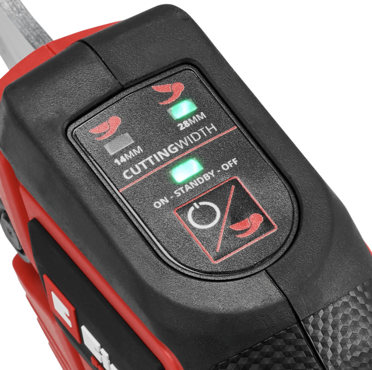 Ovládací panel nůžek Einhell s volbou rozevření čepelí 14 nebo 28 mm