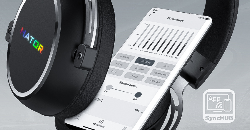 Headset HATOR Hypergang 3 USB vedle telefonu s nastavením ekvalizéru v aplikaci SyncHUB