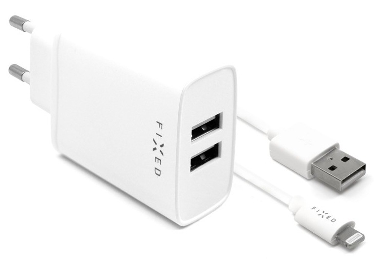 Nabíječka do sítě FIXED 2xUSB, 15W Smart Rapid Charge + Lightning MFi kabel 1m bílá