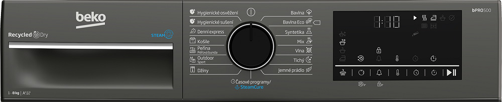 Detail ovládacího panelu sušičky prádla Beko s otočným voličem a dotykovým panelem s programy