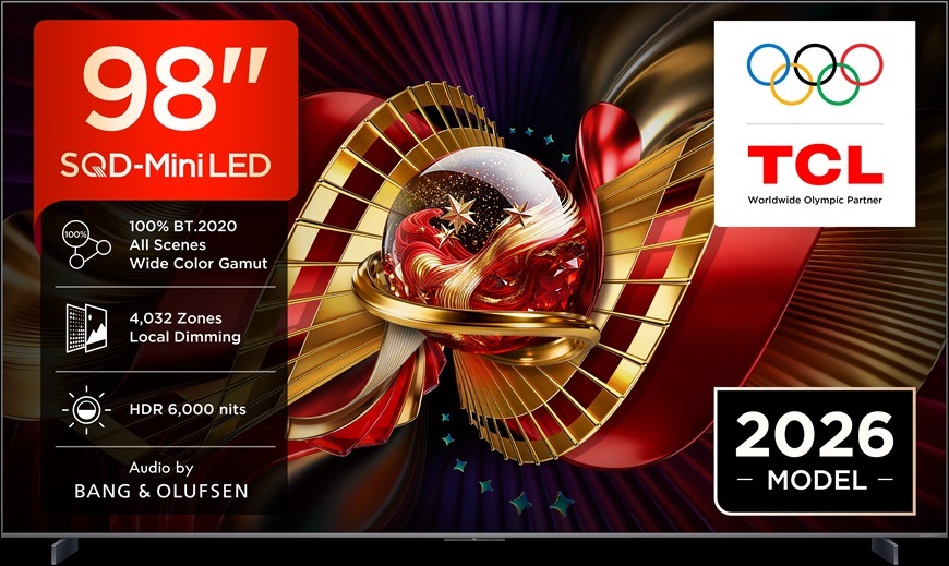 Televize TCL 98C8L s úhlopříčkou 248 cm.