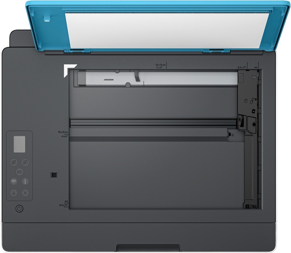 Tiskárna multifunkční HP Smart Tank 596 černá/bílá/modrá Pohled shora na tiskárnu HP Smart Tank 596 se skenerem