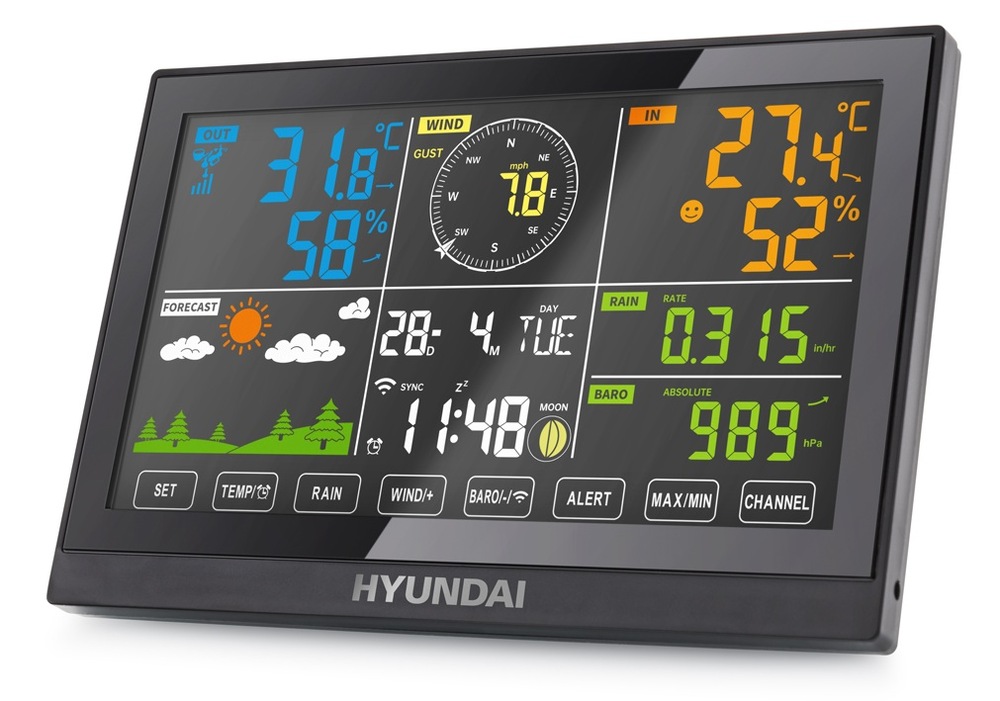 Meteorologická stanice Hyundai WSP 5200 WIFI černá Hlavní jednotka meteostanice Hyundai WSP 5200 s velkým displejem zobrazující naměřené hodnoty, čas, fázi měsice, vlhkost, srážky, rychlost a směr větru