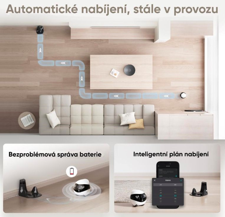 Automatické dobíjení IP kamery Enabot EBO Air 2 s návratem do nabíjecí stanice
