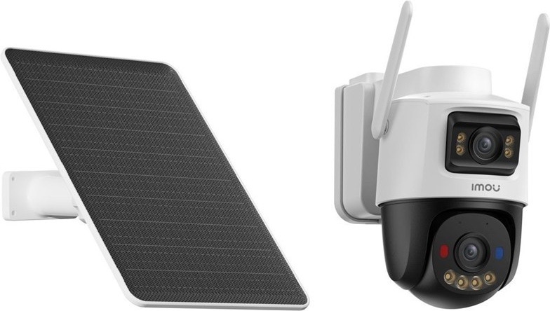 IP kamera Imou AOV Dual je zobrazena spolu se solárním panelem. Vlevo je samostatný černý solární panel s bílým rámem a držákem pro montáž na zeď. Vpravo je venkovní kamera s dvojicí antén, horním pevným objektivem a spodní otočnou částí s druhým objektivem, LED přisvícením a červeno-modrým výstražným světlem.