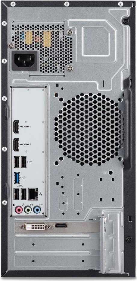Na obrázku je zadní strana stolního počítače Acer Aspire TC-1860. V horní části je napájecí zdroj se síťovým konektorem a perforovanou mřížkou. Uprostřed se nachází velký větrací otvor pro odvod tepla ze skříně.  Zadní konektorová výbava zahrnuje dva porty HDMI, pět portů USB-A, z nichž jeden je modře označený, síťový konektor LAN a tři barevně rozlišené 3,5mm audio konektory. Ve spodní části je samostatná grafická karta s výstupy DVI a HDMI. Vidět jsou také záslepky dalších rozšiřujících pozic.