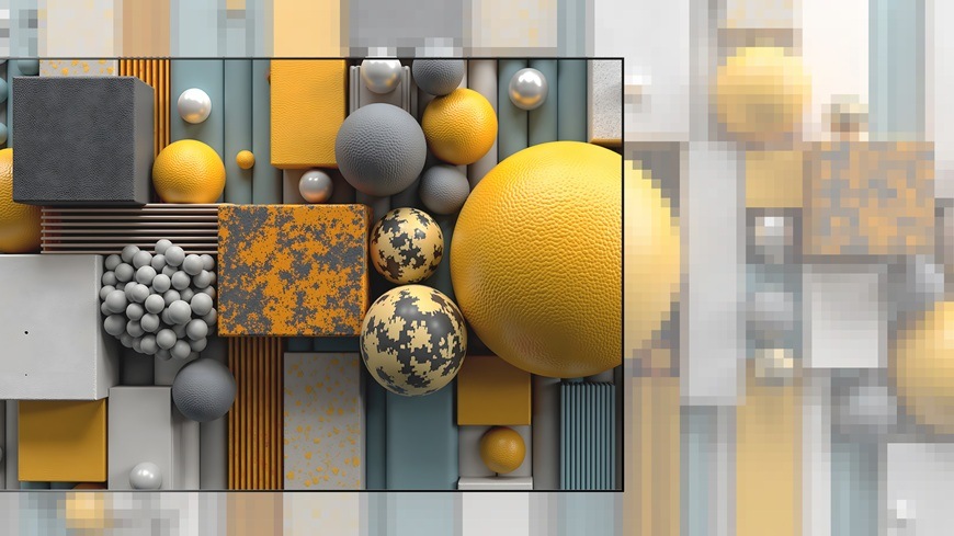 Déco televizor Hisense zobrazuje abstraktní 3D kompozici ve žlutých a šedých barvách.