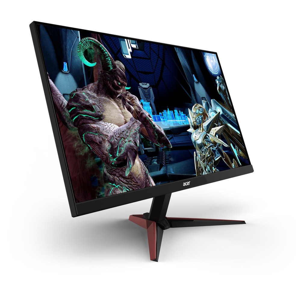 Herní monitor Acer Nitro VG270P6bmipx černý Elegantní herní monitor Acer zobrazuje živou sci-fi scénu s monstrózní bytostí a robotickou postavou v futuristickém prostředí.