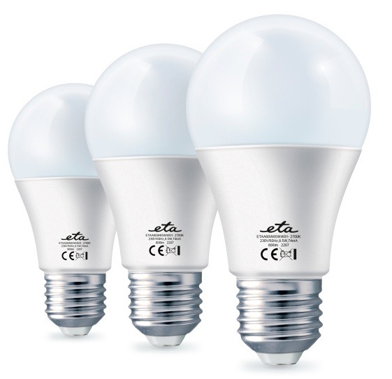 Žárovka LED ETA A60PACK6 Sada 3 ks 8,5W LED žárovek ETA s paticí E27 na bílém pozadí