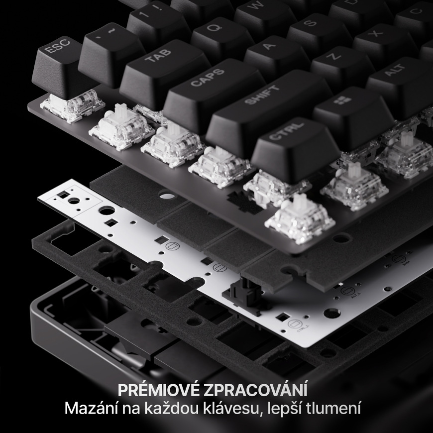Prémiová konstrukce s předmazanými spínači a tlumicími vrstvami pro tišší a příjemnější psaní