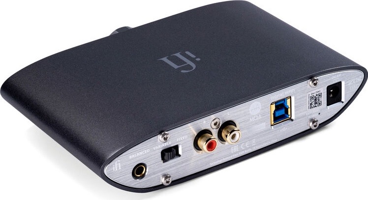 Sluchátkový zesilovač iFi audio ZEN DAC V2 černý/stříbrný Zadní strana iFi ZEN DAC V2 se symetrickým 4,4mm a RCA výstupem, USB vstupem a napájecím konektorem.