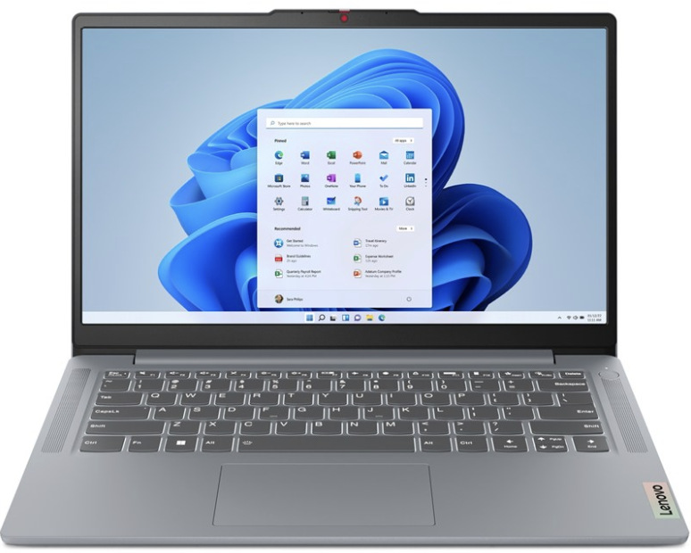 Šedý notebook Lenovo IdeaPad Slim 3 14AMN8 s otevřeným 14″ displejem a klávesnicí