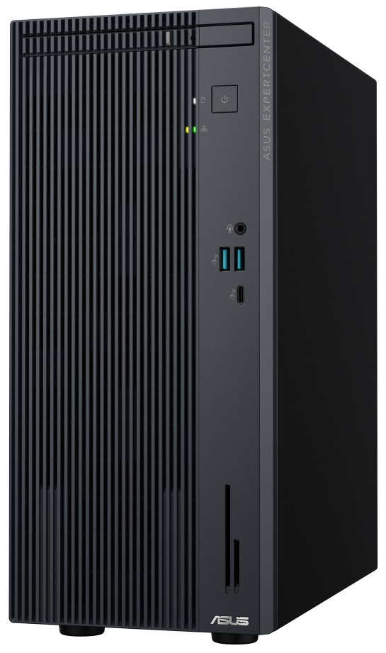 Stolní počítač Asus ExpertCenter P500 Mini Tower šedý Snímek počítače z čelní strany. Z levé strany do dvou třetin jsou svislé drážky - průduchy pro lepší větrání, vpravo dole je čtečka karet, uprostřed pravé strany jsou 3 USB porty a audio port. Nad nimi je tlačítko pro zapnutí PC a úplně nahoře je DVD mechanika.