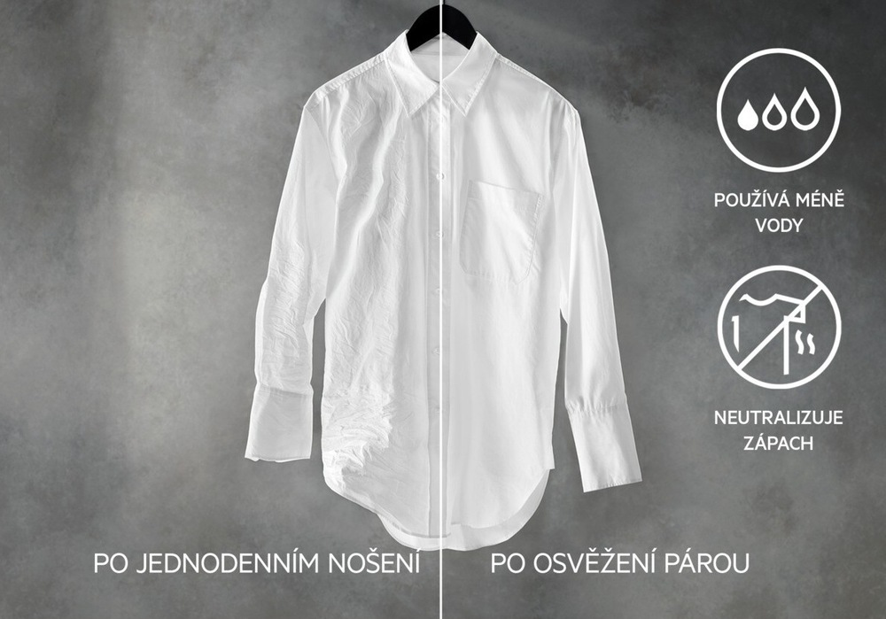 Vlevo košile po jednodenním nošení. Vpravo košile po cyklu osvěžení párou – méně pomačkané. Vpravo symboly pro neutralizaci pachu a používá méně vody.