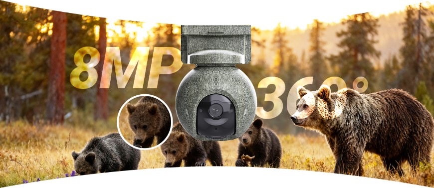 IP kamera EZVIZ PTZ EB8 Pro 4G Ranger kit khaki Medvědí rodina a kamera EZVIZ PTZ EB8 Pro 4G Ranger s rozpoznáváním 20 druhů zvířat
