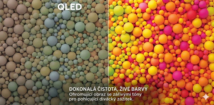 barevné kuličky, obraz je rozdělený na saturovanější a vybledlou polovinu