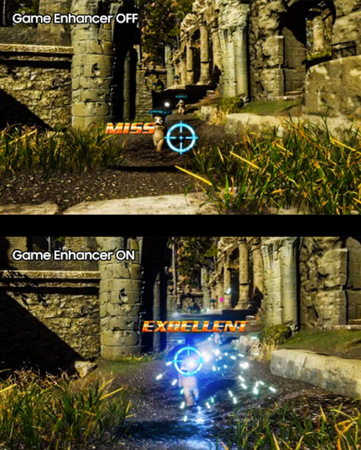 Dva obrázky z videohry pod sebou, nahoře bez funkce Game Enhancer, dole obraz s funkcí Game Enhancer
