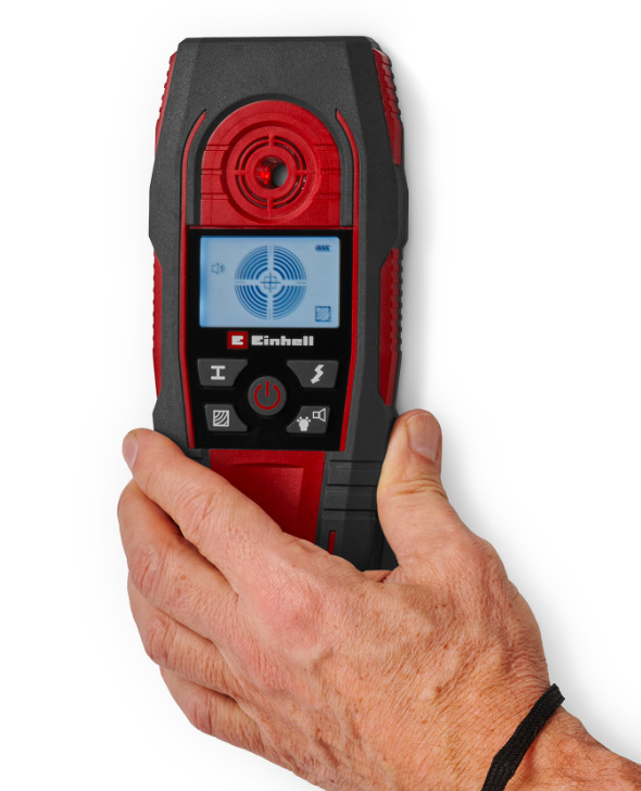 Detail držení detektoru Einhell Expert TE-MD 80 s LCD displejem a ovládacími tlačítky