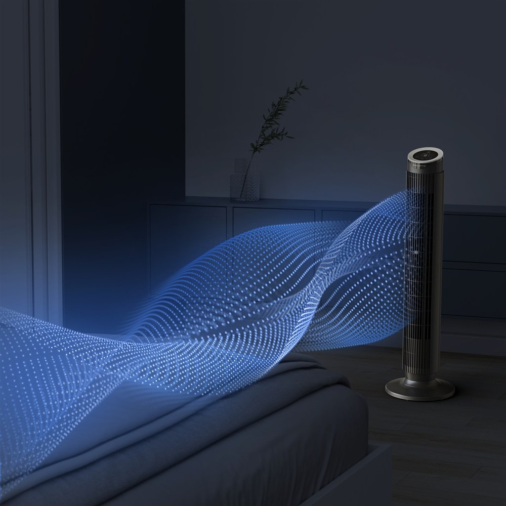 Ventilátor sloupový Rowenta VU7020F0 Eole Silence Force černý Věžový ventilátor Rowenta chladí postel v noci s vizualizací proudění vzduchu.