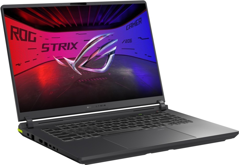 ASUS ROG Strix G16 z bočního úhlu se zaměřením ostrý displej s bohatými barvami